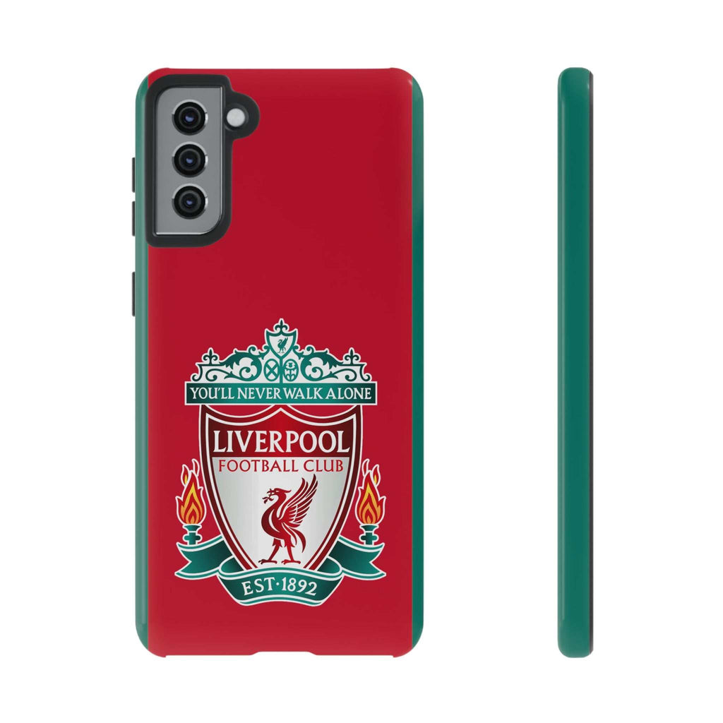 Liverpool FC magnetic shockproof Samsung case in red with dual-layer defense and wireless charging compatibility