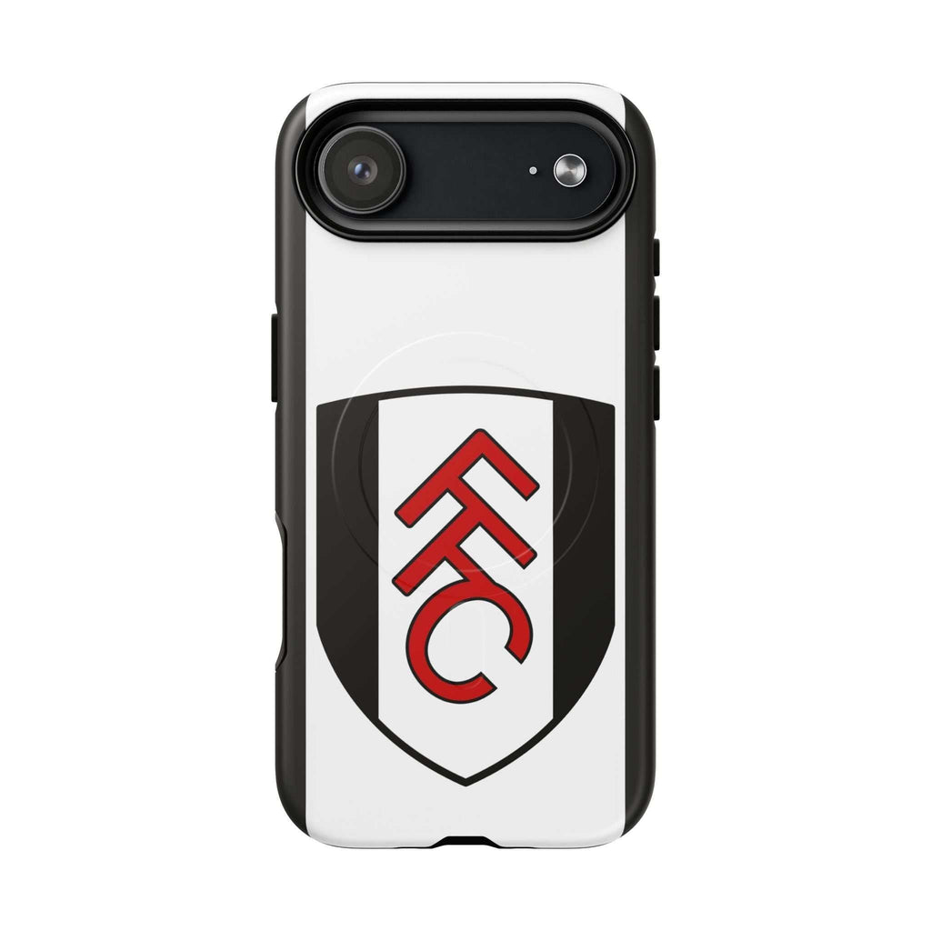 Fulham FC MagSafe iPhone case with black and white club crest, dual-layer protection, and wireless charging compatibility