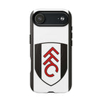 Fulham FC MagSafe iPhone case with black and white club crest, dual-layer protection, and wireless charging compatibility