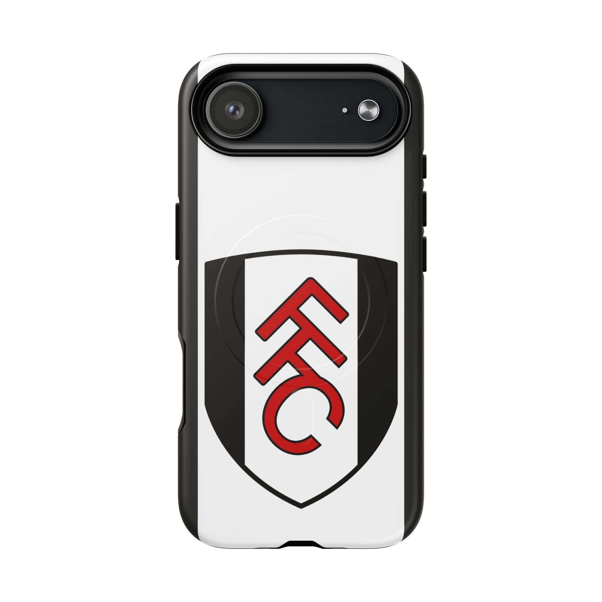 Fulham FC MagSafe iPhone case with black and white club crest, dual-layer protection, and wireless charging compatibility