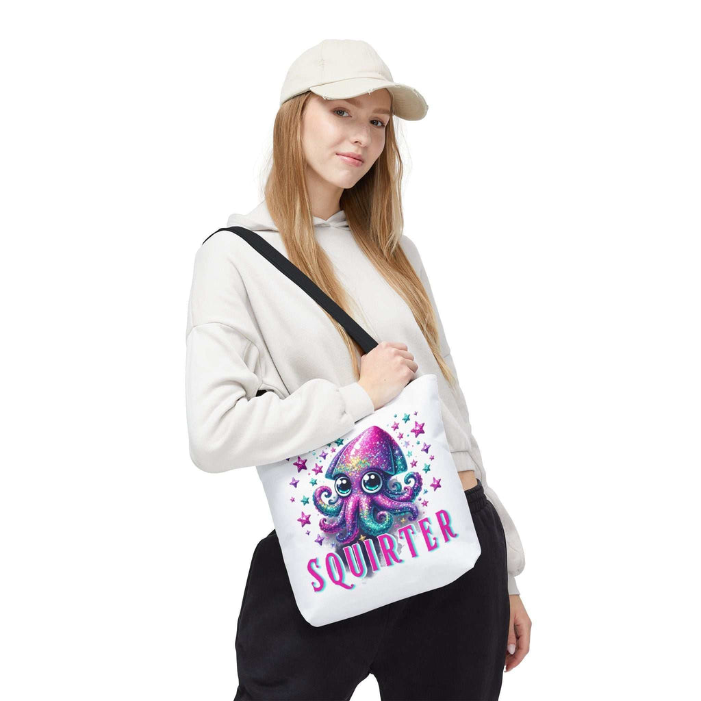 Squirter Squid Tote Bag with cheeky design, durable spun polyester, multiple handle colors, and available in three sizes