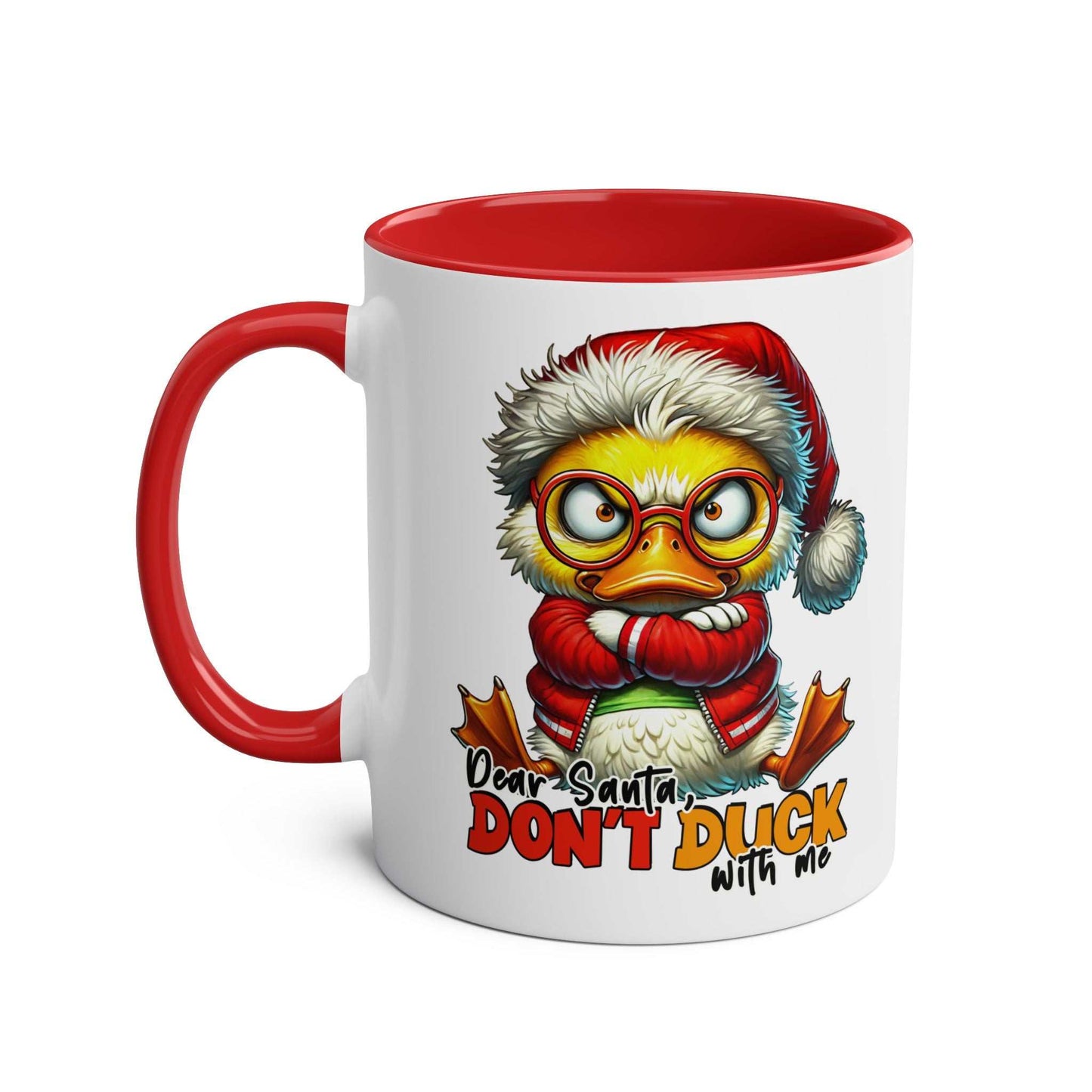 Sarky Christmas Mug with duck design, available in 7 colors, 11oz ceramic, microwave and dishwasher safe.