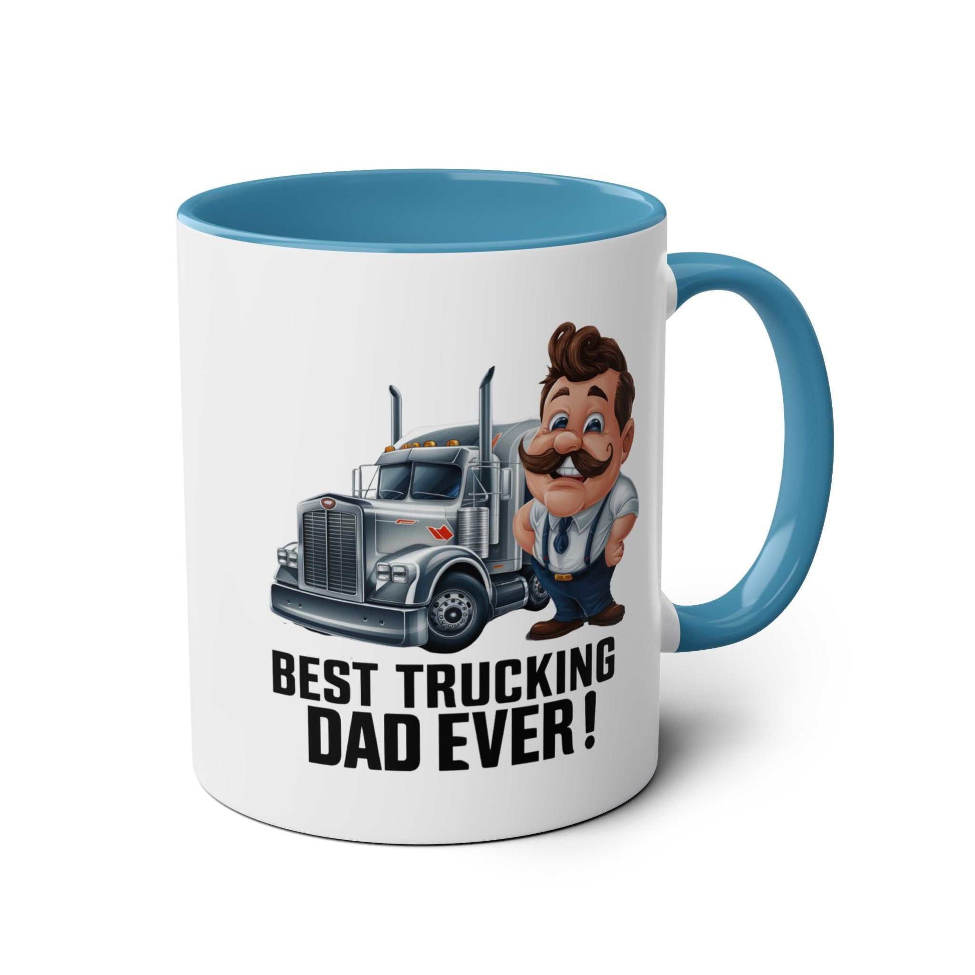 Best Trucking Dad Fun Fathers Day Gift Mug with cartoon truck and dad design, perfect for Father's Day.
