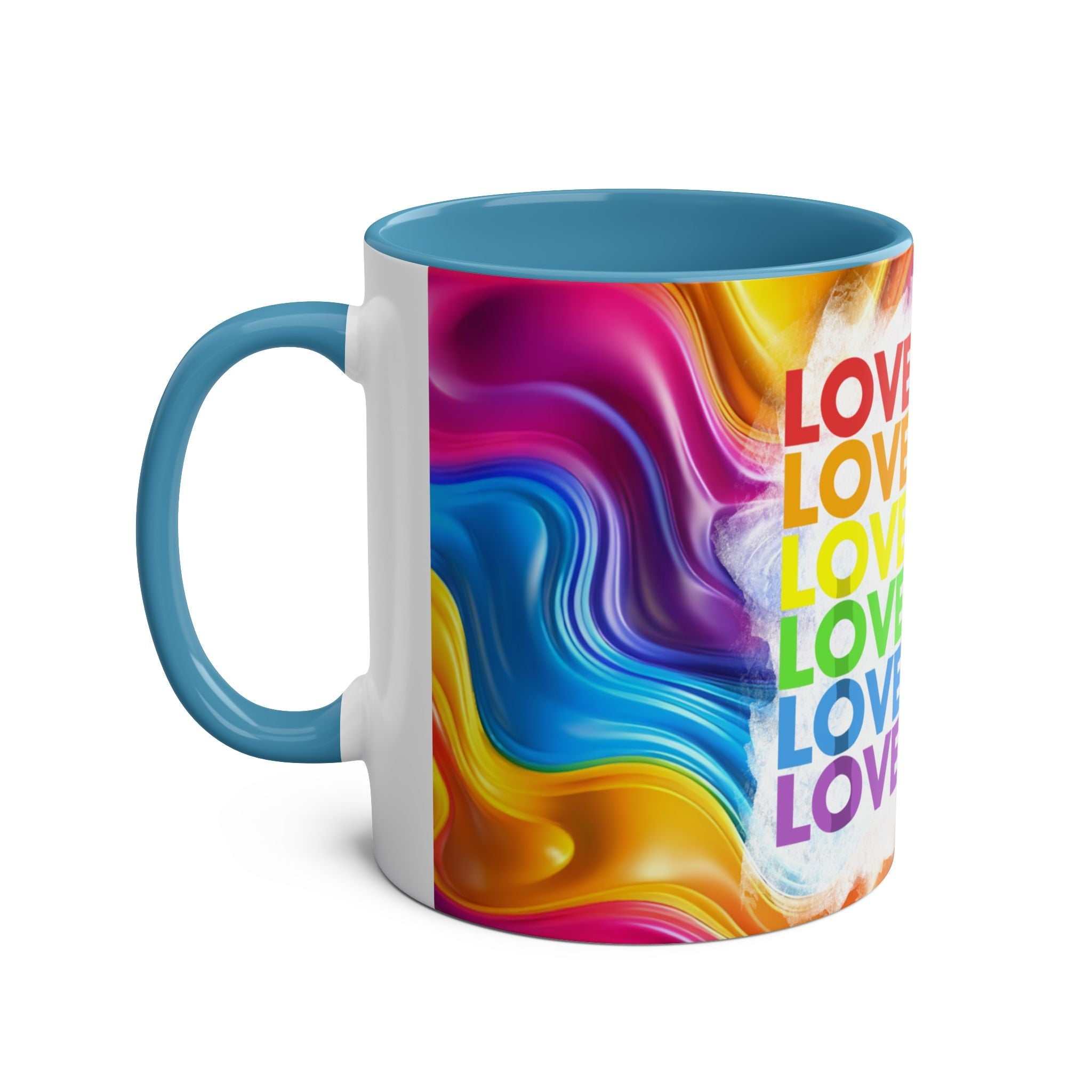 LGBTQ+ Pride mug with vibrant rainbow design and "LOVE" text.