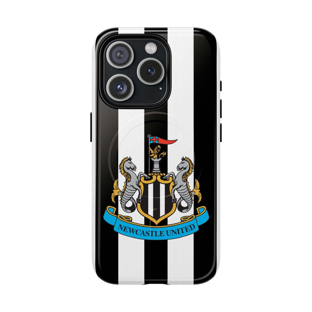 Newcastle United MagSafe iPhone case with black and white stripes, club crest, dual-layer protection, and MagSafe compatibility