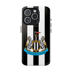 Newcastle United MagSafe iPhone case with black and white stripes, club crest, dual-layer protection, and MagSafe compatibility