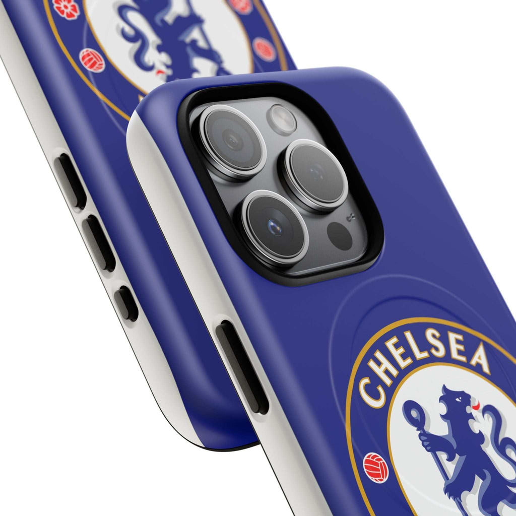 Chelsea FC MagSafe iPhone case with royal blue color and club crest, dual-layer protective design, compatible with wireless charging