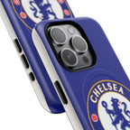 Chelsea FC MagSafe iPhone case with royal blue color and club crest, dual-layer protective design, compatible with wireless charging