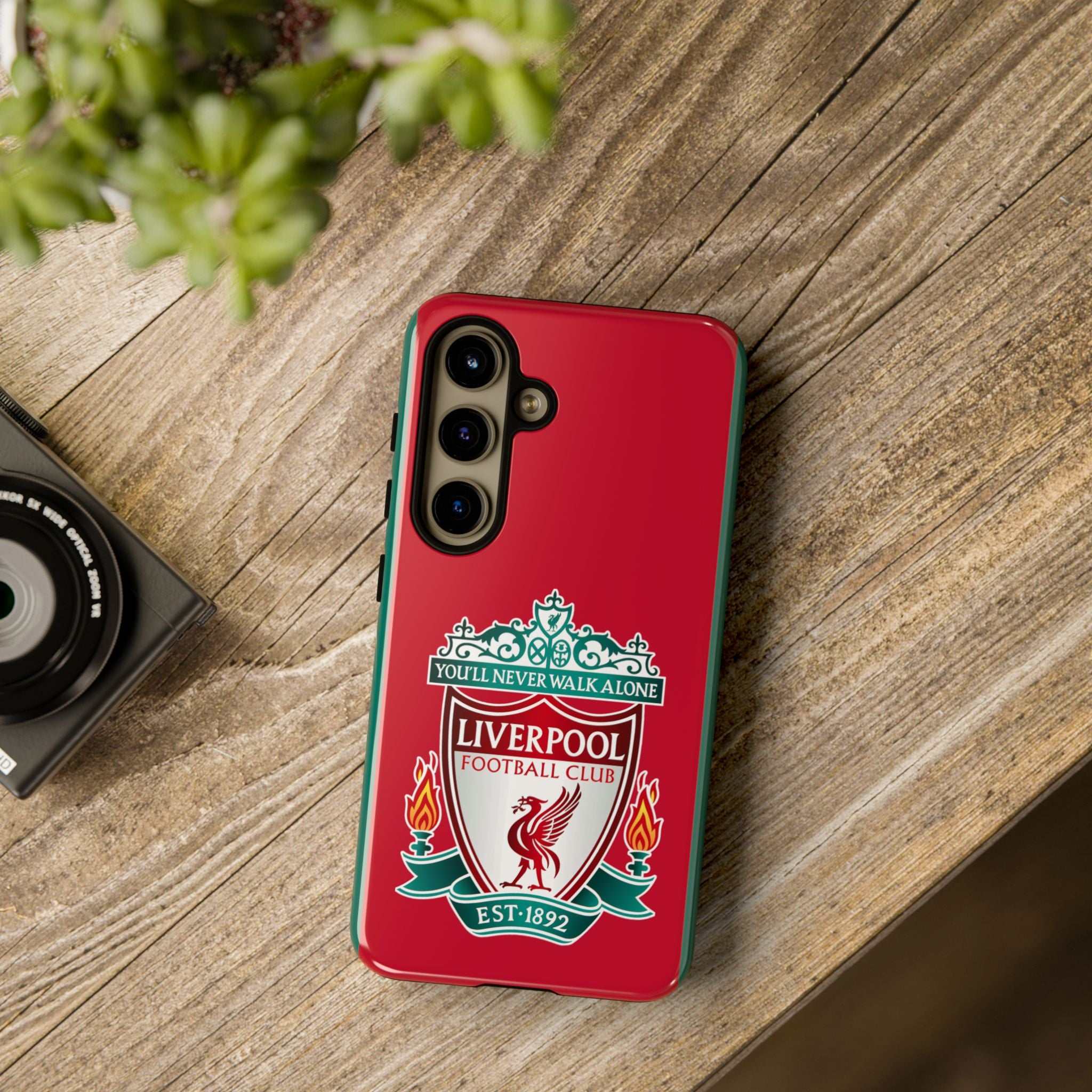 Liverpool FC magnetic shockproof Samsung Galaxy case in red with dual-layer protection and wireless charging compatibility
