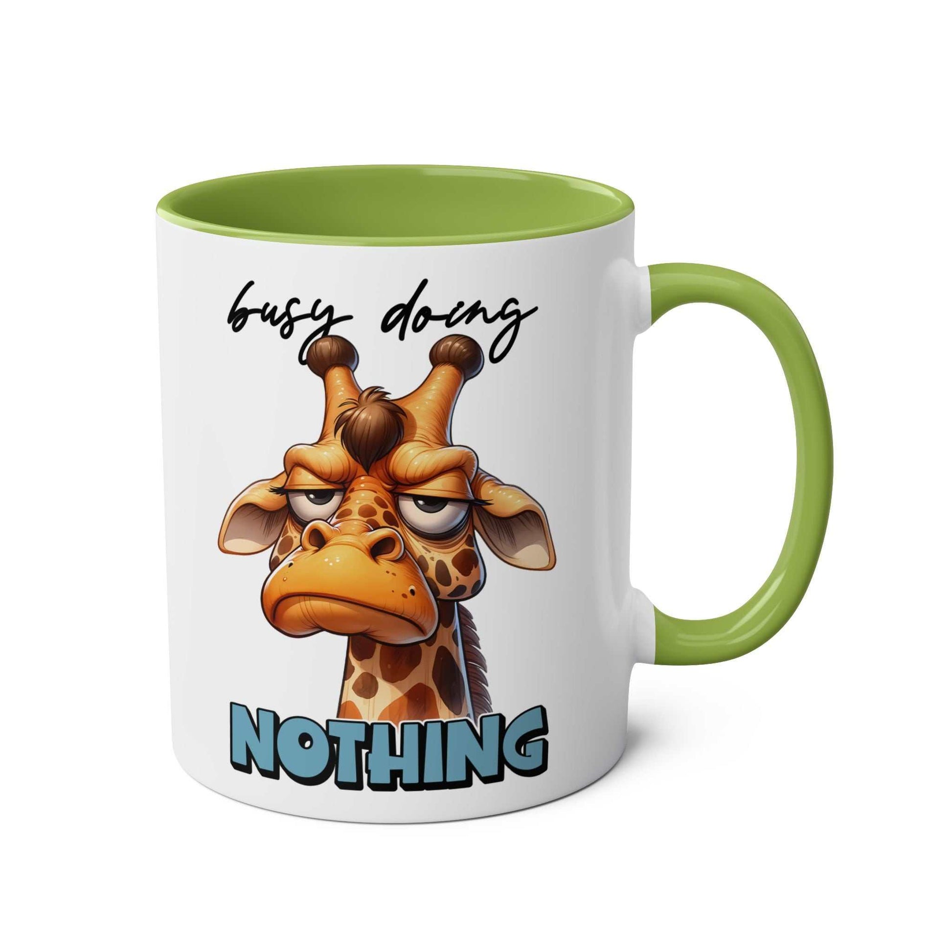 Busy Doing Nothing Coffee Mug with giraffe design and green interior.