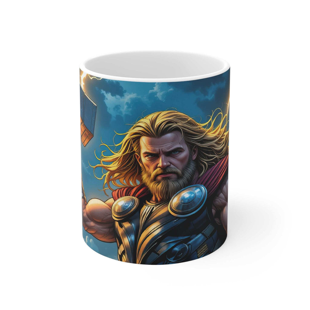 11oz ceramic coffee mug featuring Thor Hero Superhero design with glossy finish, microwave and dishwasher safe