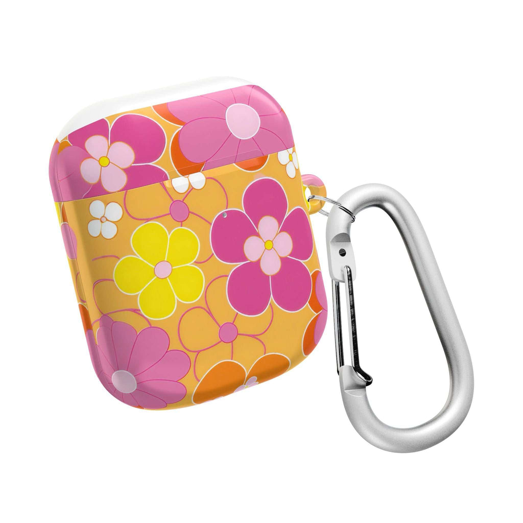 Retro floral protective case for AirPods with vibrant yellow and pink flowers and silver carabiner clip