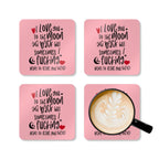 Cheeky Valentines coaster set with playful love quotes, high-gloss MDF top, cork back, and rounded corners.