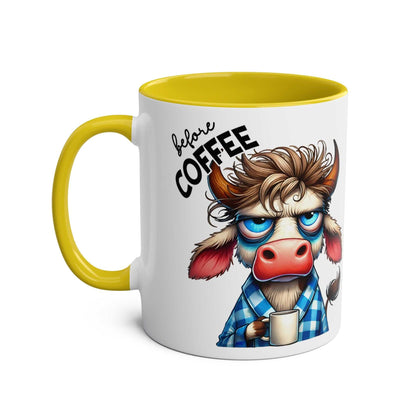 Fun Sarcastic Coffee Mug with colorful cow design, yellow handle, and humorous text, perfect for adding humor to your morning routine.