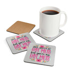 Hot Mess Coaster Set with playful design, cork backing, and high-gloss MDF top, perfect for gift-giving.