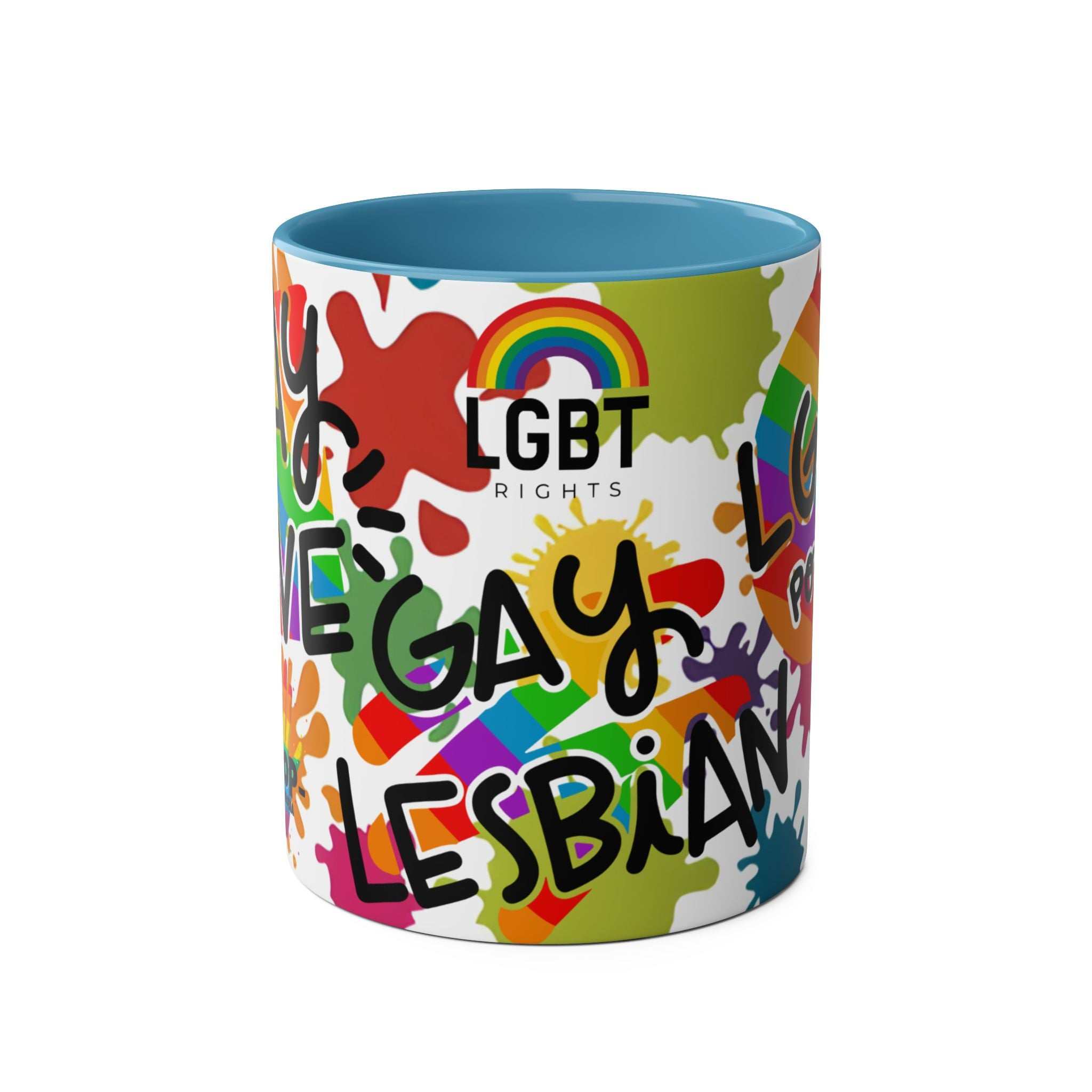 LGBTQ+ Pride Mug with vibrant rainbow design celebrating love and equality.