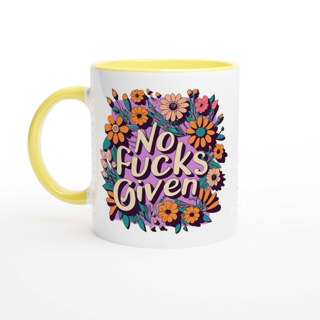 No Fucks Given Fun Mug with colorful floral design, yellow handle, and rim.