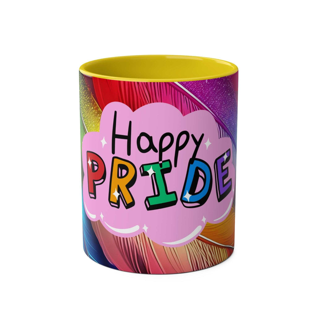 LGBTQ+ Pride Mug with vibrant rainbow design and "Happy Pride" text.
