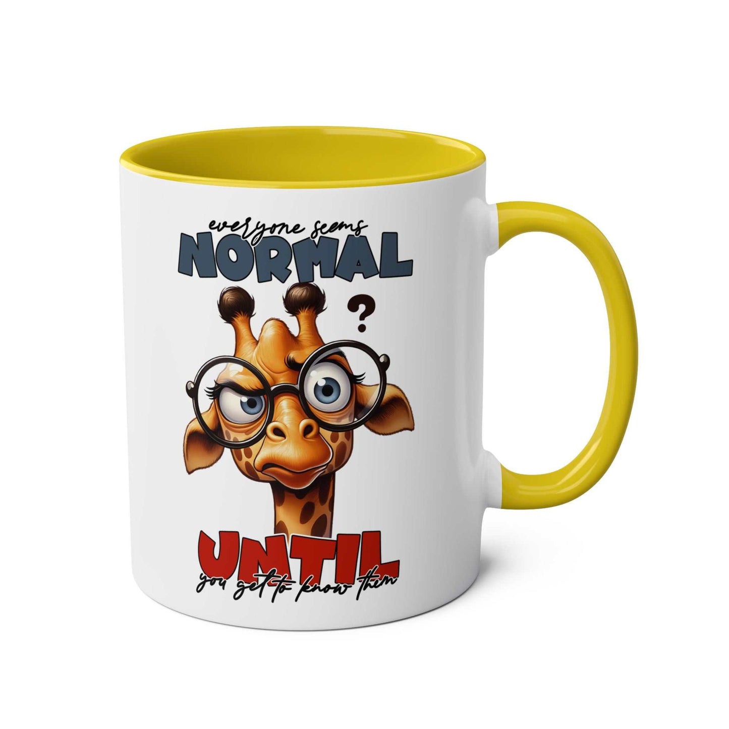 Playful giraffe design on the Everyones Normal Coffee Mug with a glossy finish.