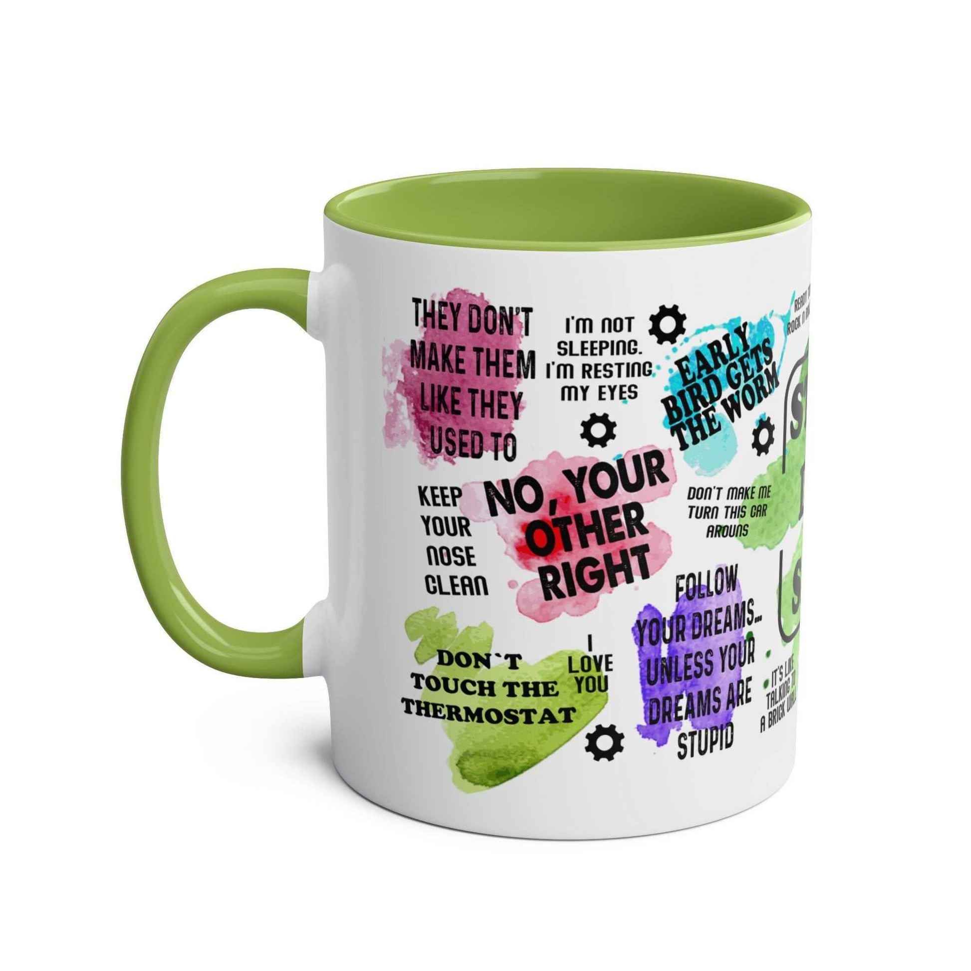 Fun Fathers Day Gift Mug with humorous quotes, green handle, and colorful design.