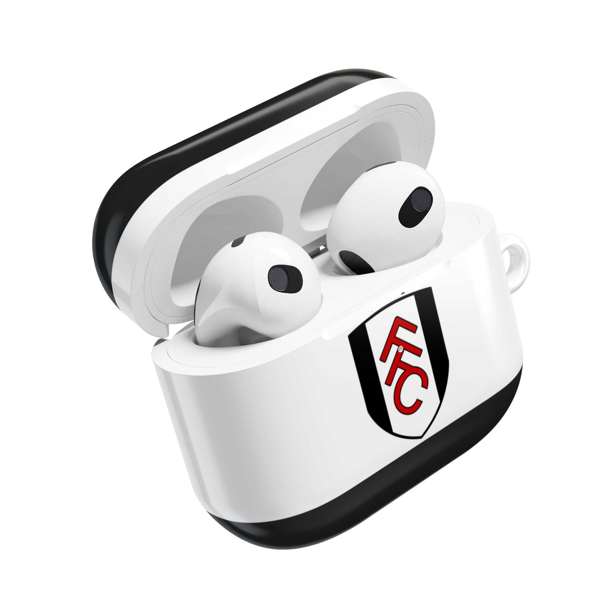 Fulham FC AirPods protective case in black and white with club crest, compatible with AirPods and AirPods Pro, shock-resistant and wireless charging support