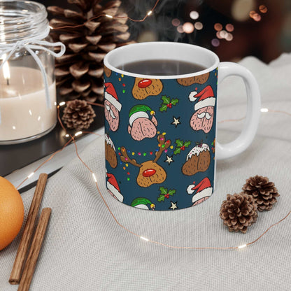 Cheeky Fun Christmas Mug with festive design, 11oz ceramic, glossy finish.