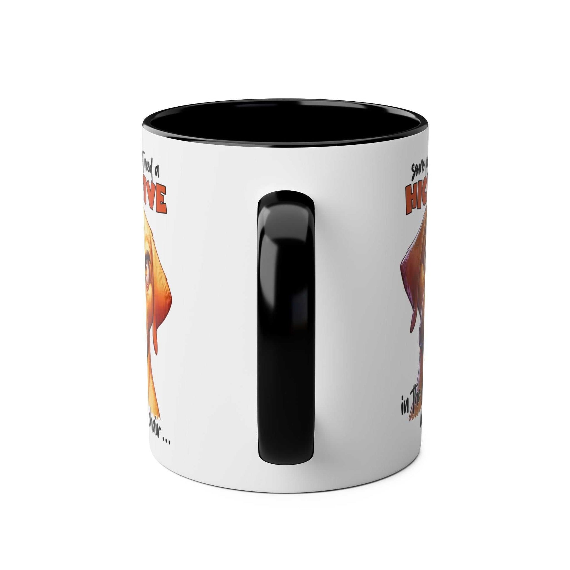 High Five Coffee Mug with snarky dog graphic, black handle, and glossy finish.