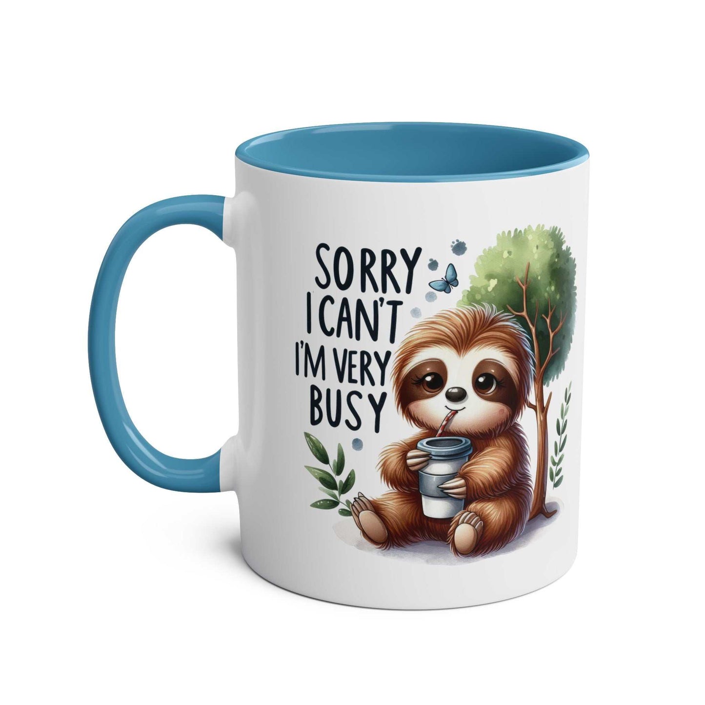 Cute sloth coffee mug with blue handle and humorous design.