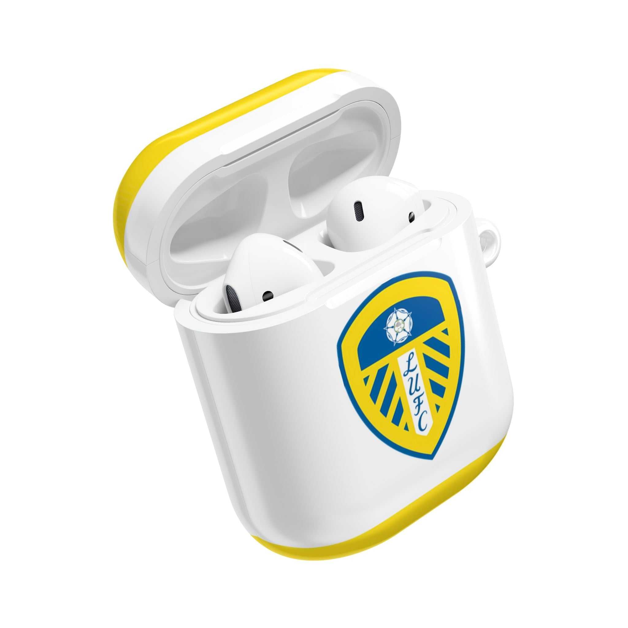 Leeds Utd FC AirPods protective hard case with club colors and crest, shock-resistant and wireless charging compatible