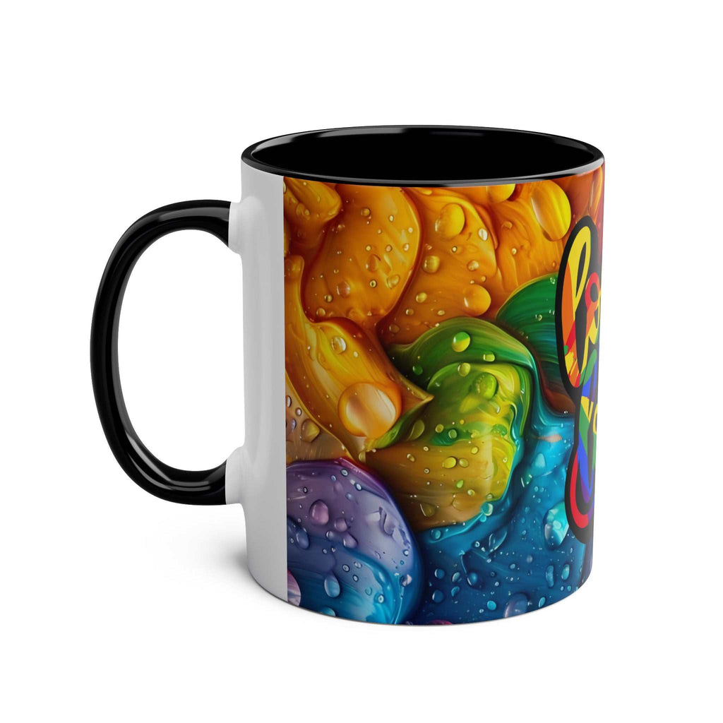 LGBTQ+ Pride mug with rainbow design and black handle, 11oz ceramic.