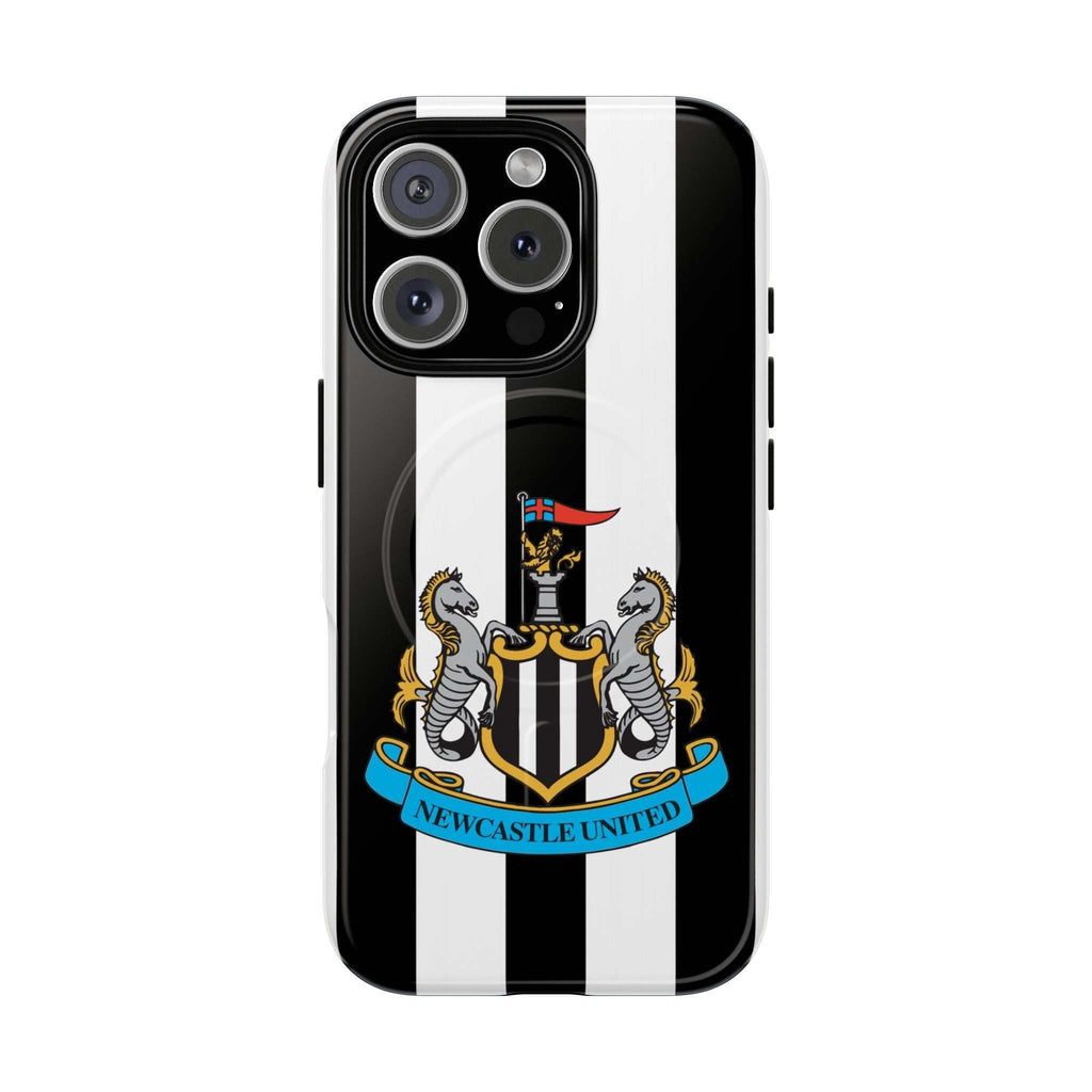 Newcastle United Magsafe iPhone case with black and white stripes and club crest, protective dual-layer design, MagSafe compatible
