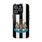 Newcastle United Magsafe iPhone case with black and white stripes and club crest, protective dual-layer design, MagSafe compatible