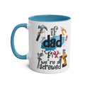 Funny handyman dad gift mug with colorful cartoon tools and humorous design