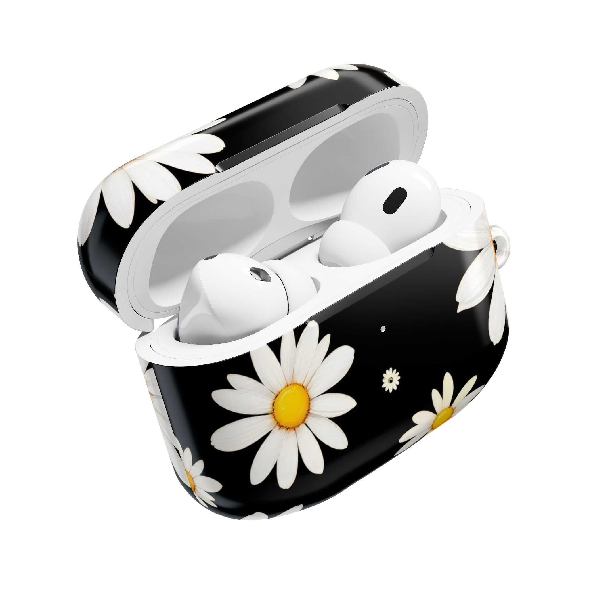 Black Daises AirPods protective case with vibrant floral design and glossy finish