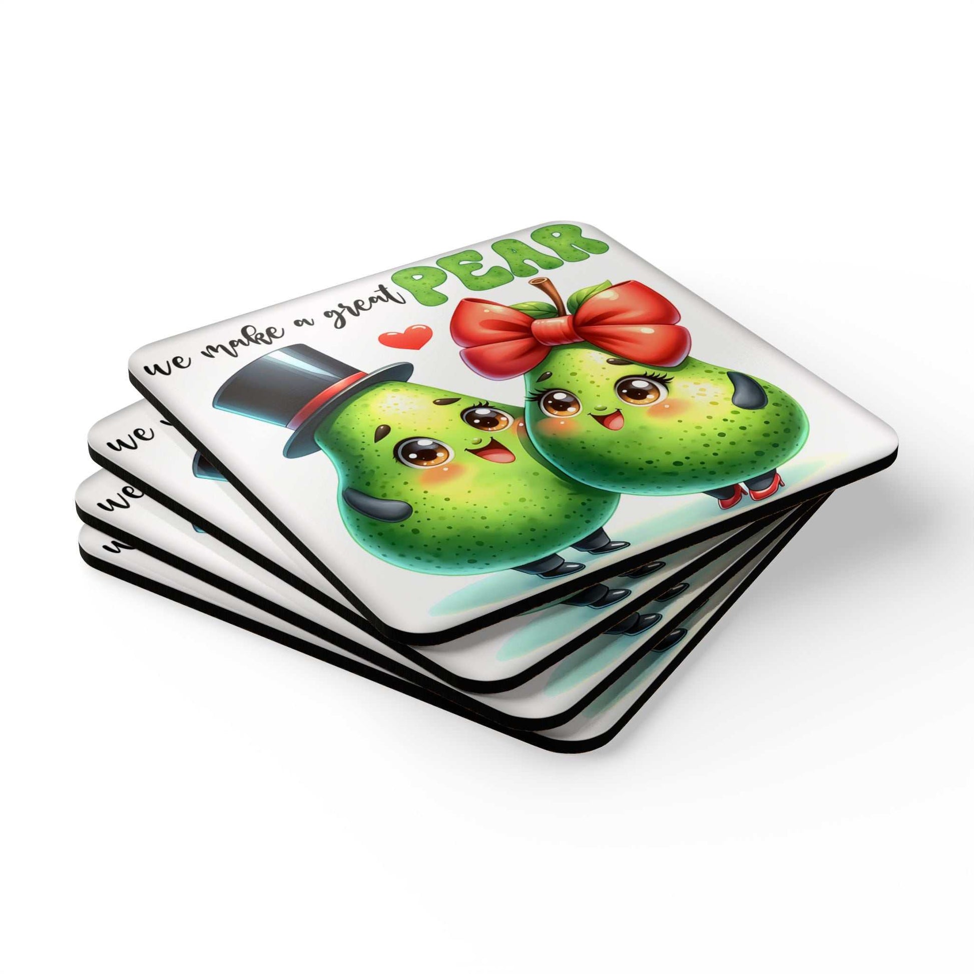 We Make A Great Pair Coaster Set with playful fruit design and cork back.