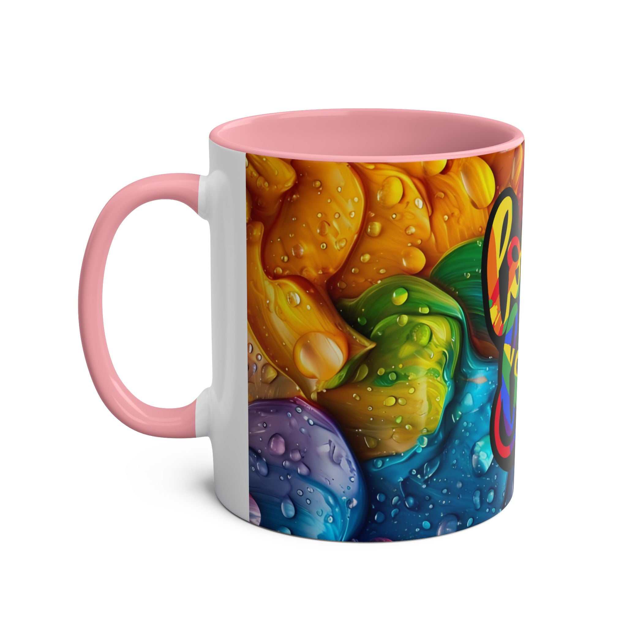 LGBTQ+ Pride Mug with vibrant rainbow design and pink handle.