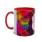 LGBTQ+ Pride Mug with vibrant rainbow design, 11oz ceramic, featuring "Born This Way" text.