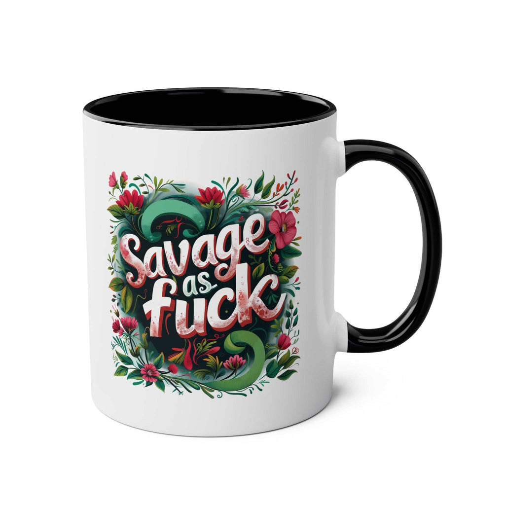 Savage As Fuck coffee mug with floral design, glossy finish, and black handle.