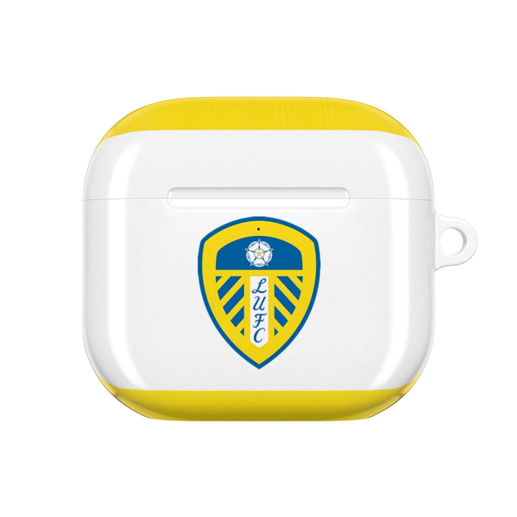 Leeds Utd FC AirPods protective case in white and yellow with club crest, shock-resistant and wireless charging compatible