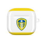 Leeds Utd FC AirPods protective case in white and yellow with club crest, shock-resistant and wireless charging compatible