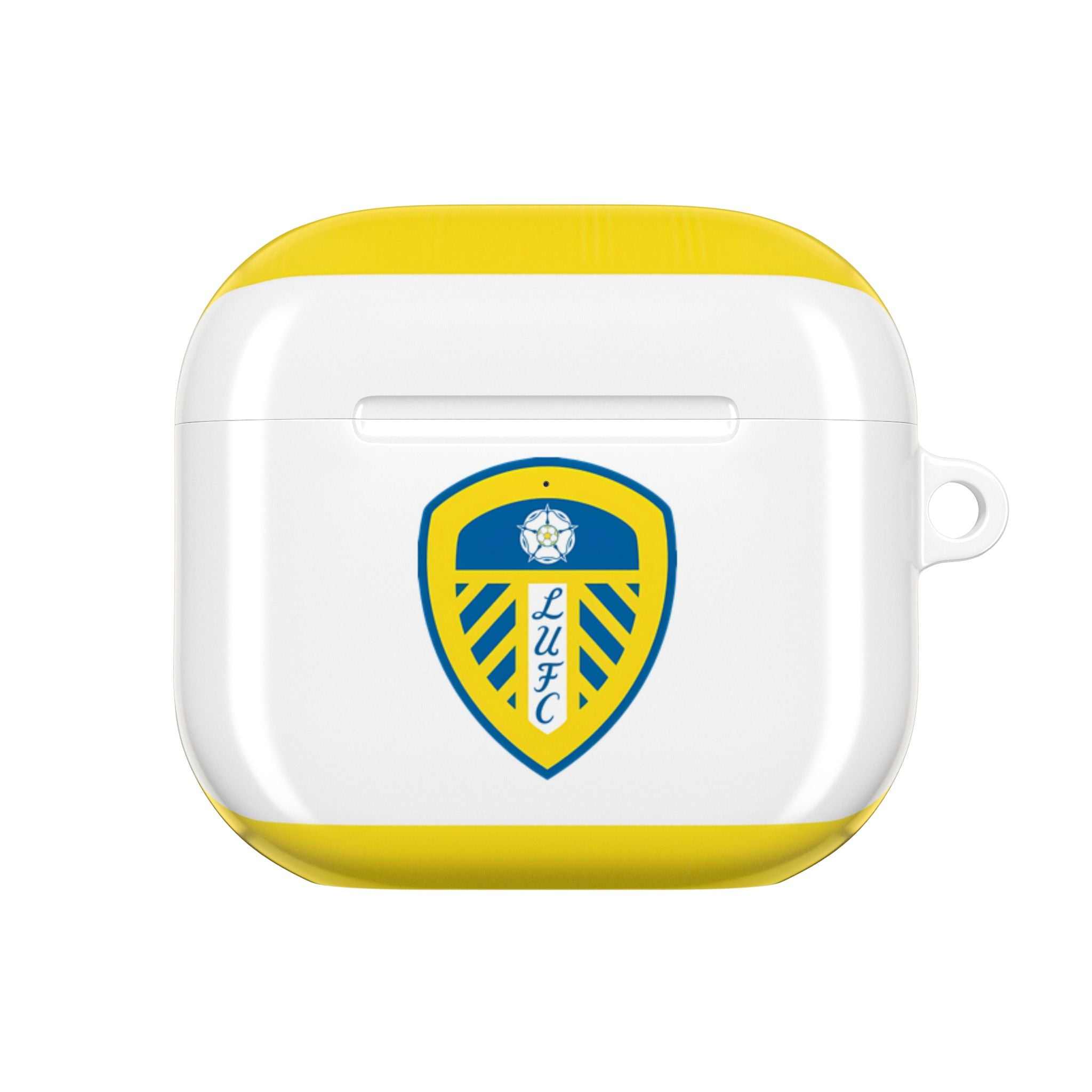 Leeds Utd FC AirPods protective case in white and yellow with club crest, shock-resistant and wireless charging compatible