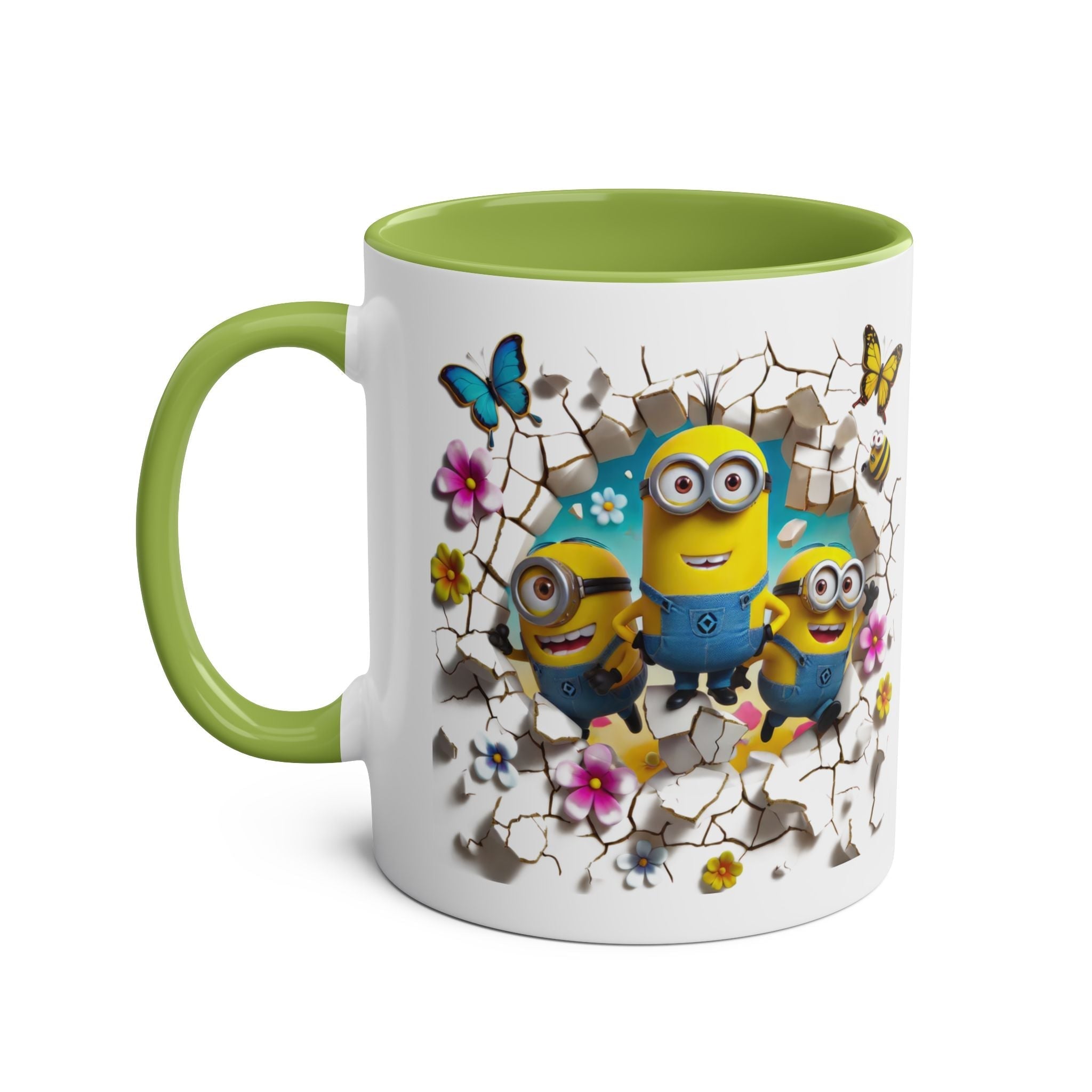 Fun Minion themed coffee mug with colorful characters, 11oz ceramic, green handle.