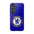 Chelsea FC Magnetic Samsung Case in royal blue with shockproof dual-layer design and wireless charging compatibility