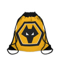 Wolves FC drawstring bag in gold and black with wolf crest, lightweight polyester, spacious and durable for gym and travel