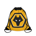 Wolves FC drawstring bag in gold and black with wolf crest, lightweight polyester, spacious, durable, ideal for sports and everyday use