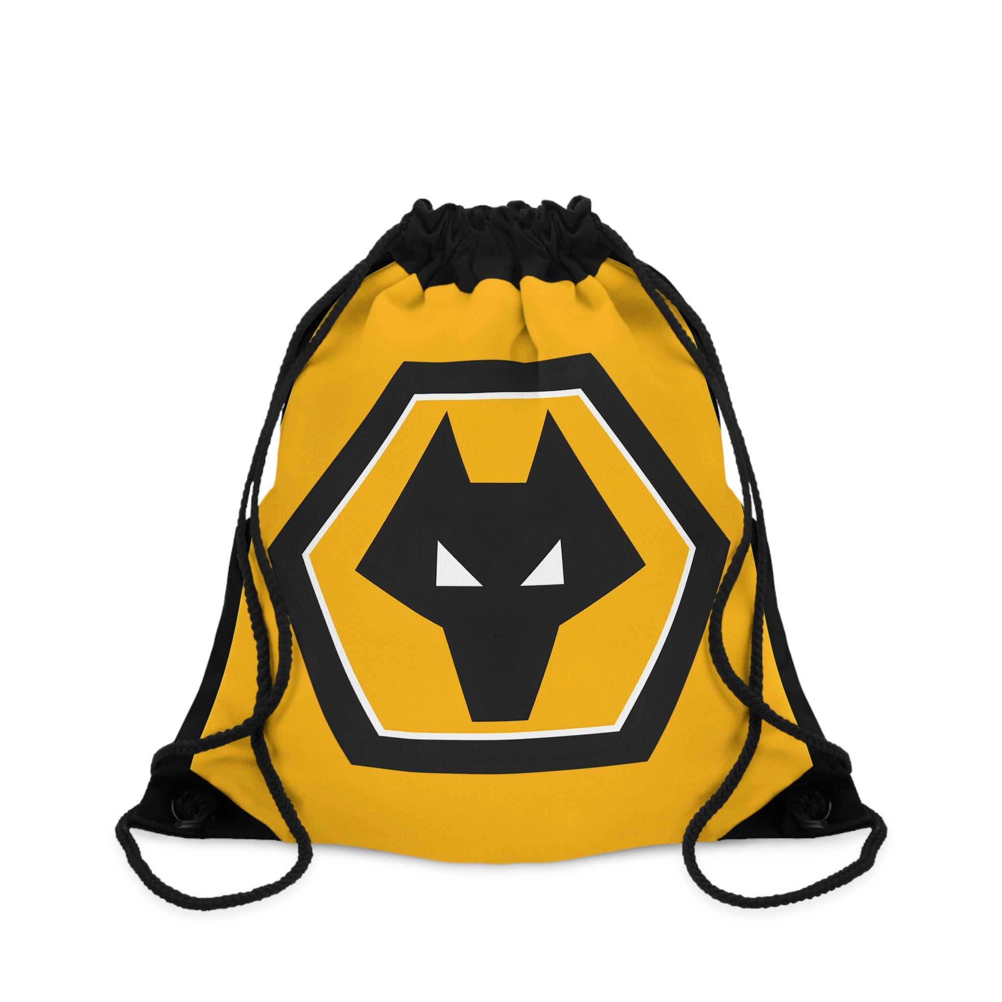 Wolves FC drawstring bag in gold and black with wolf crest, lightweight polyester, spacious, durable, ideal for sports and everyday use