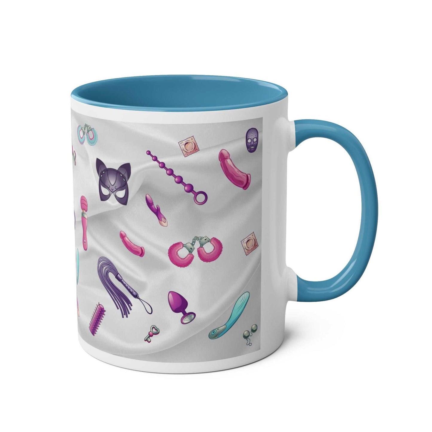 Playful Fun Sex Toy Coffee Mug with colorful designs, 11oz, ceramic, microwave and dishwasher safe.