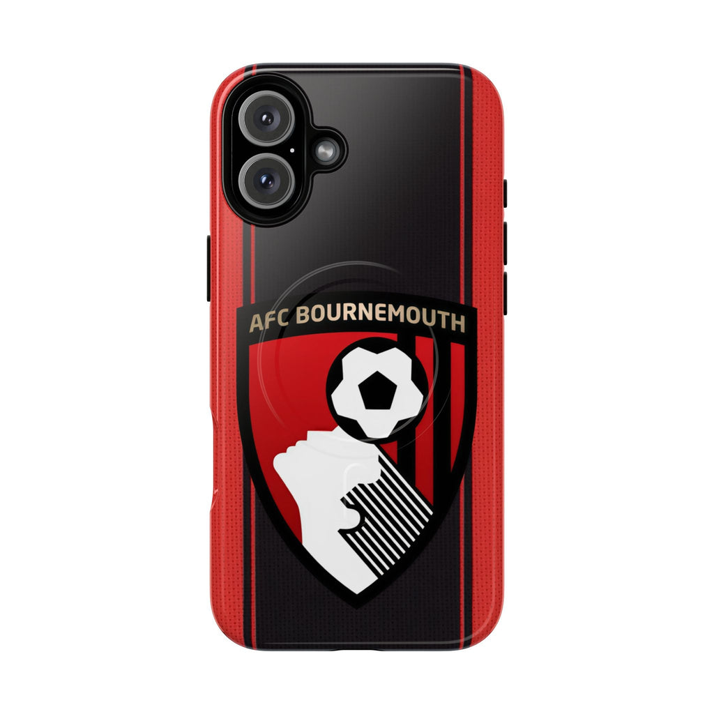 AFC Bournemouth MagSafe iPhone case with red and black colors and club crest, slim dual-layer protective design, compatible with MagSafe charging.