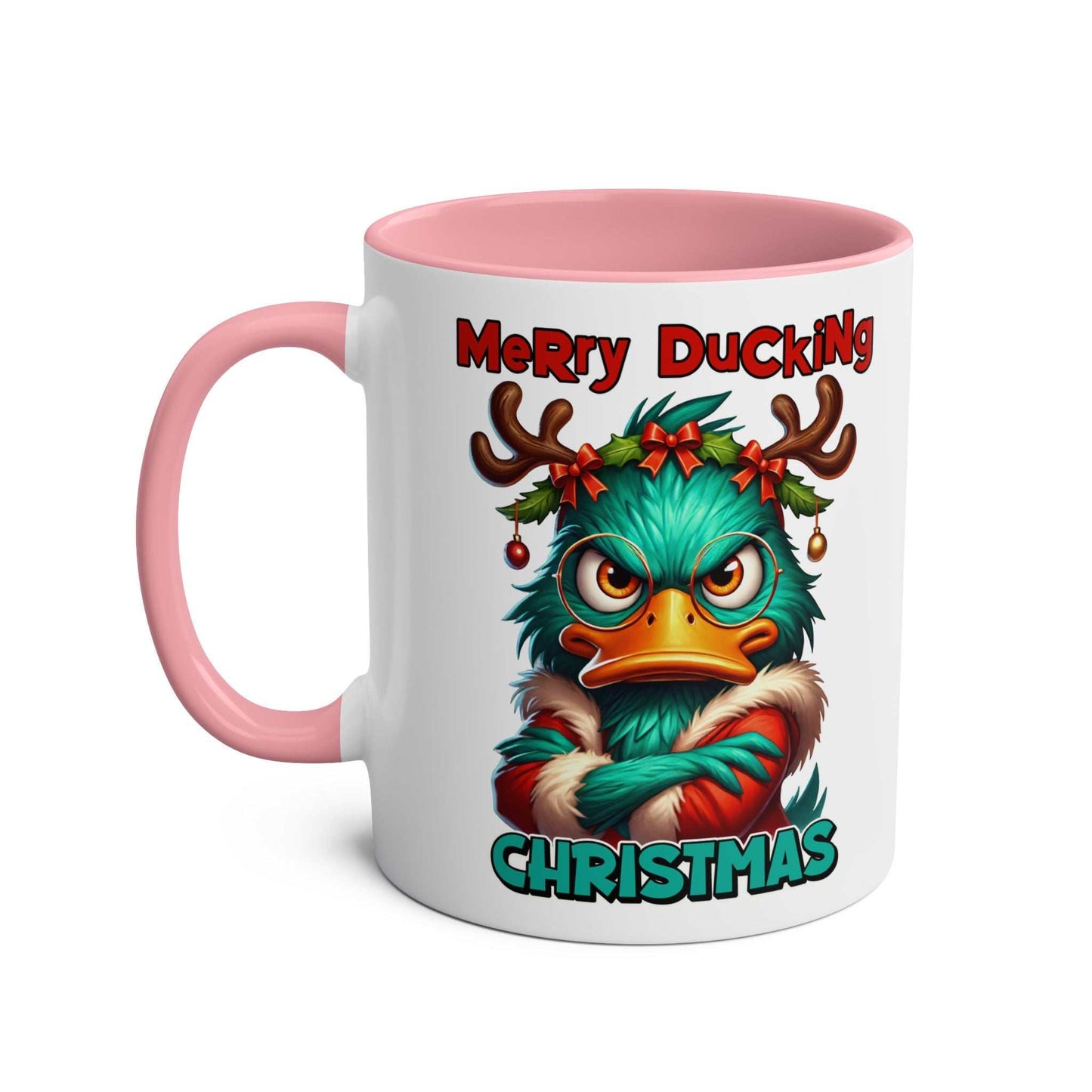 Sarky Christmas Mug with duck design, 11oz ceramic, glossy finish, available in 7 colors.