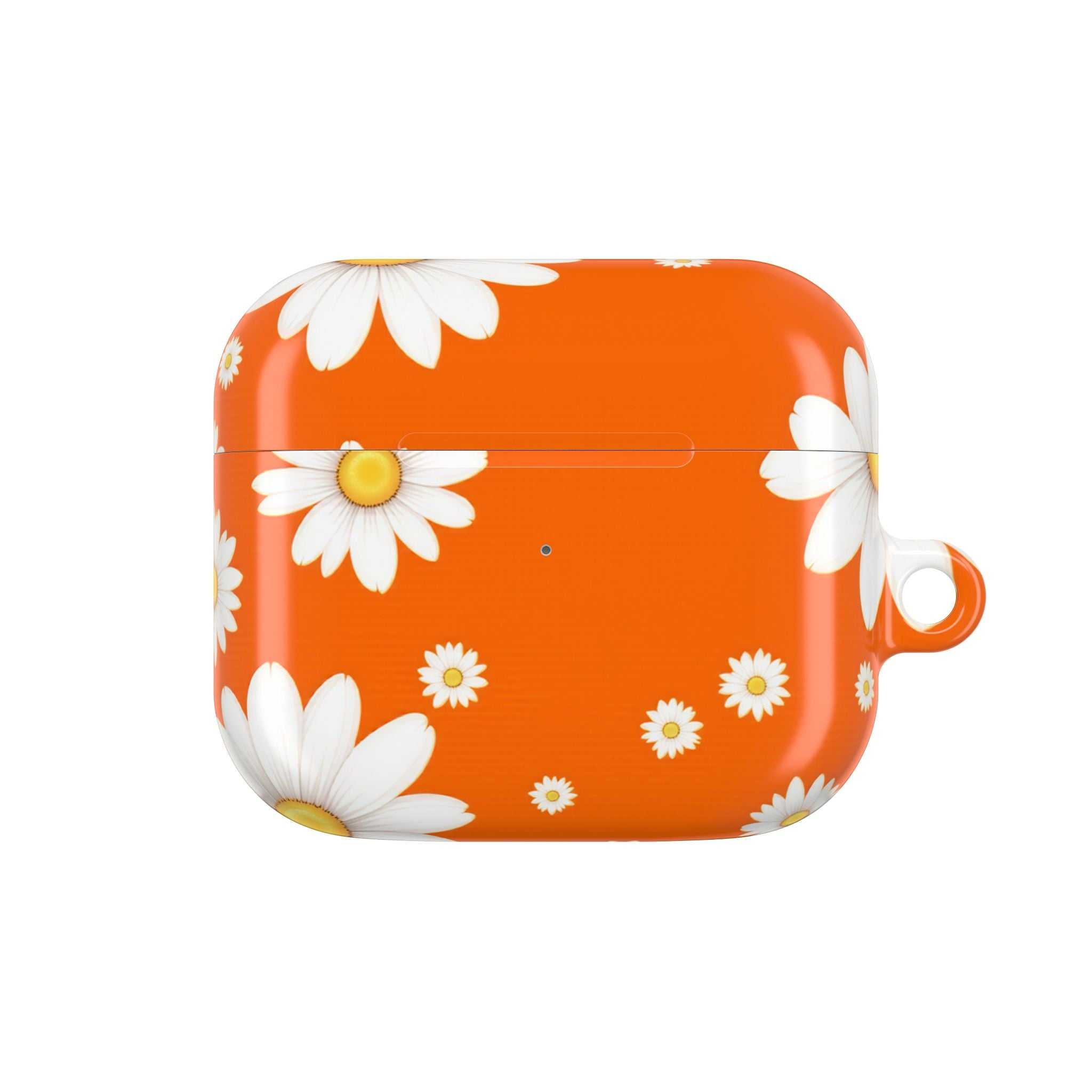 Orange Daises AirPods protective hard shell case with white daisy design and glossy finish